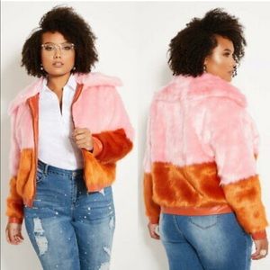 Pink Orange 2 Tone Faux Fur Bomber Jacket